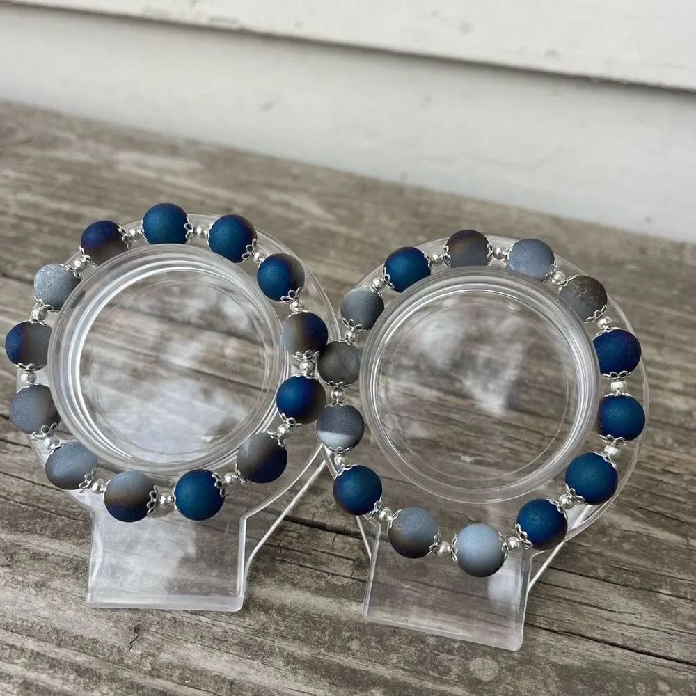 Druzy Peacock Aura Agate Crystal 10mm NEW blue purple white gold bracelet ONE st